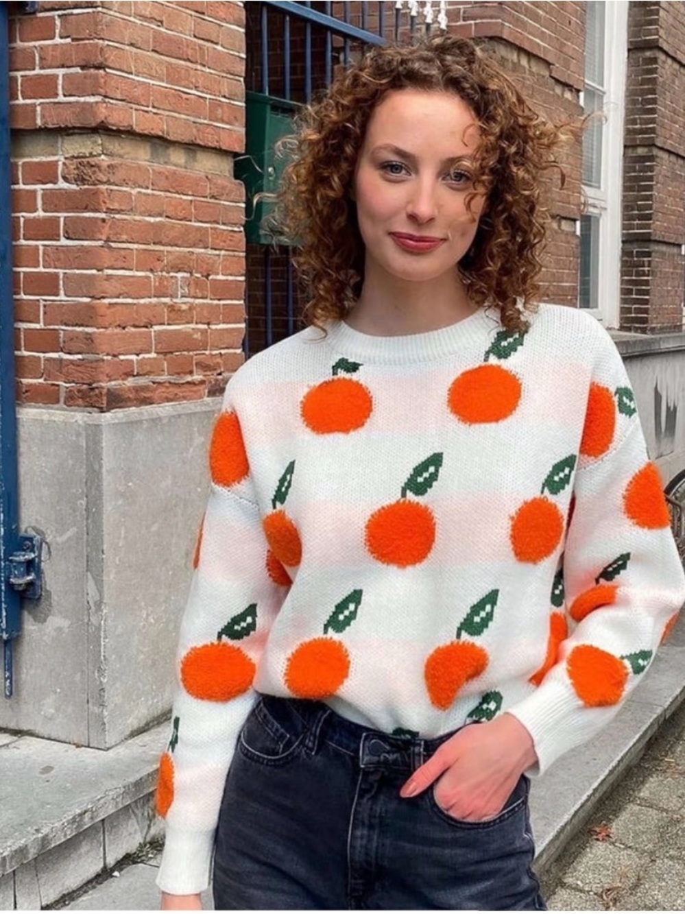 Cider Textured Oranges Soft Cozy Cream Oversized Sweater Size Small fruit novel